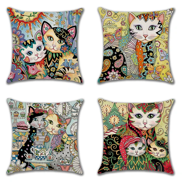 Linen Home Cartoon Cat Printed Animal Pillow Cover