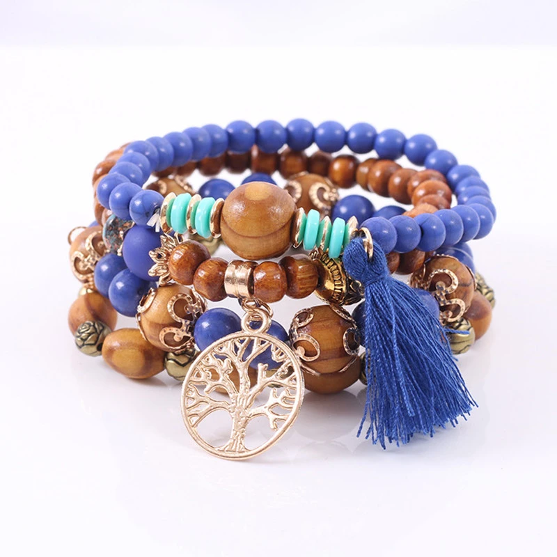 Lucky Tree Wooden Bead Tassel Bracelet Alloy