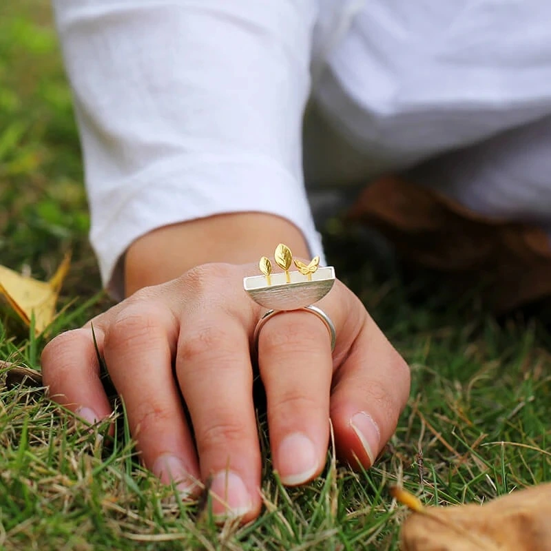 Original Looking Color Artistic Simple Sterling Silver Planter Plant And Butterfly Women's Open Ring