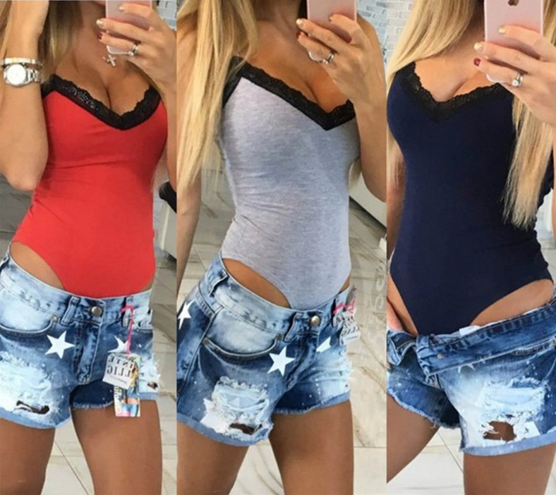 Sexy V-neck Strap Lace Stitching Jumpsuit Women's Hot Pants