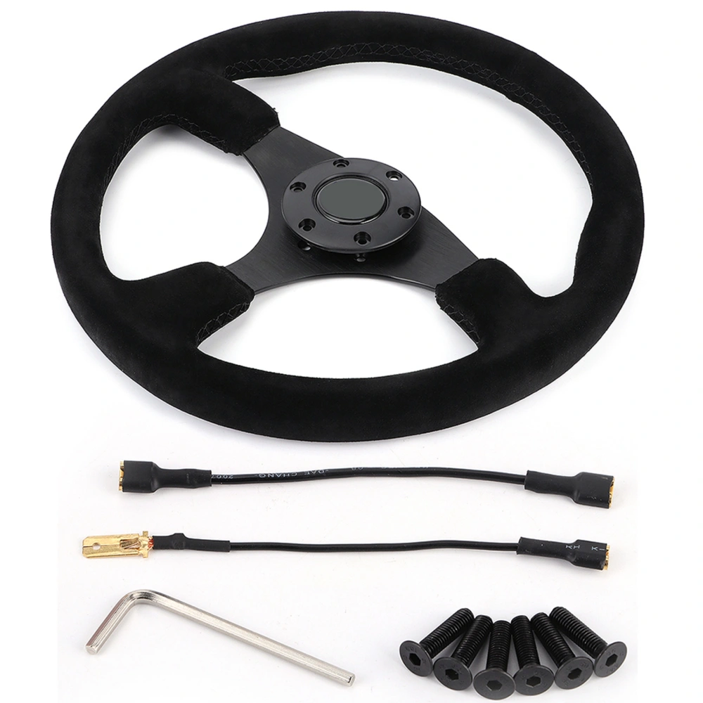 14in/350mm for Style 6‑Bolt Black Suede Racing Steering Wheel Black Stitching with Horn Button