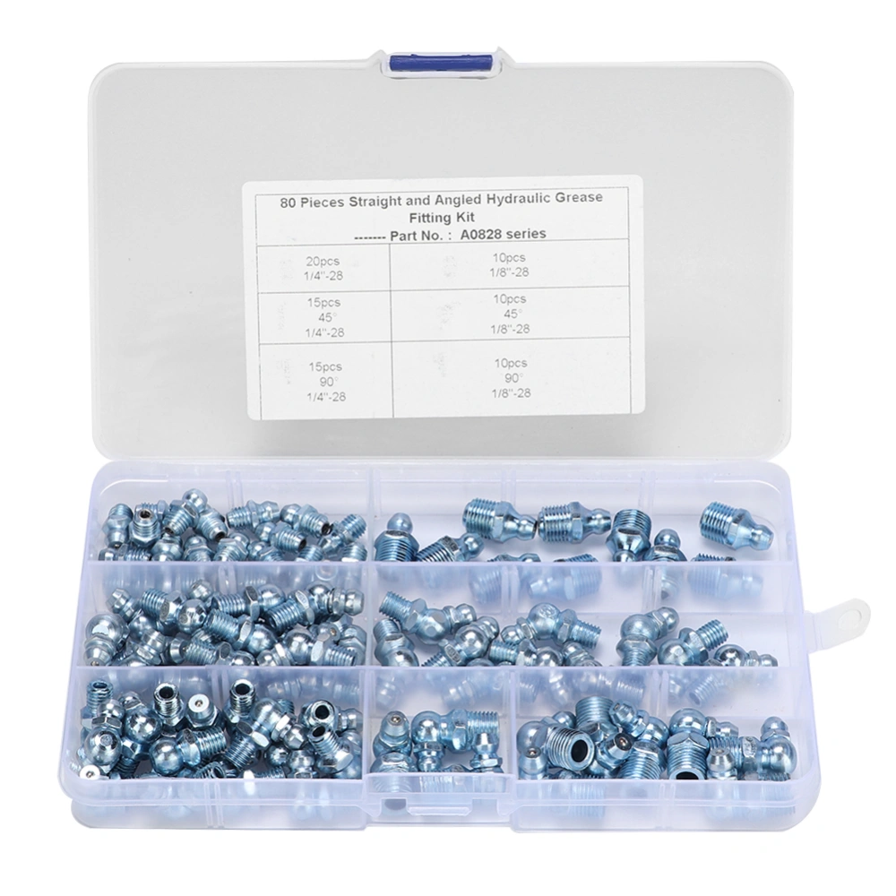 80pcs Straight Bend Grease Zerk 1/8in-28 45° Galvanized Blue Zinc Iron Hexagonal Nozzle