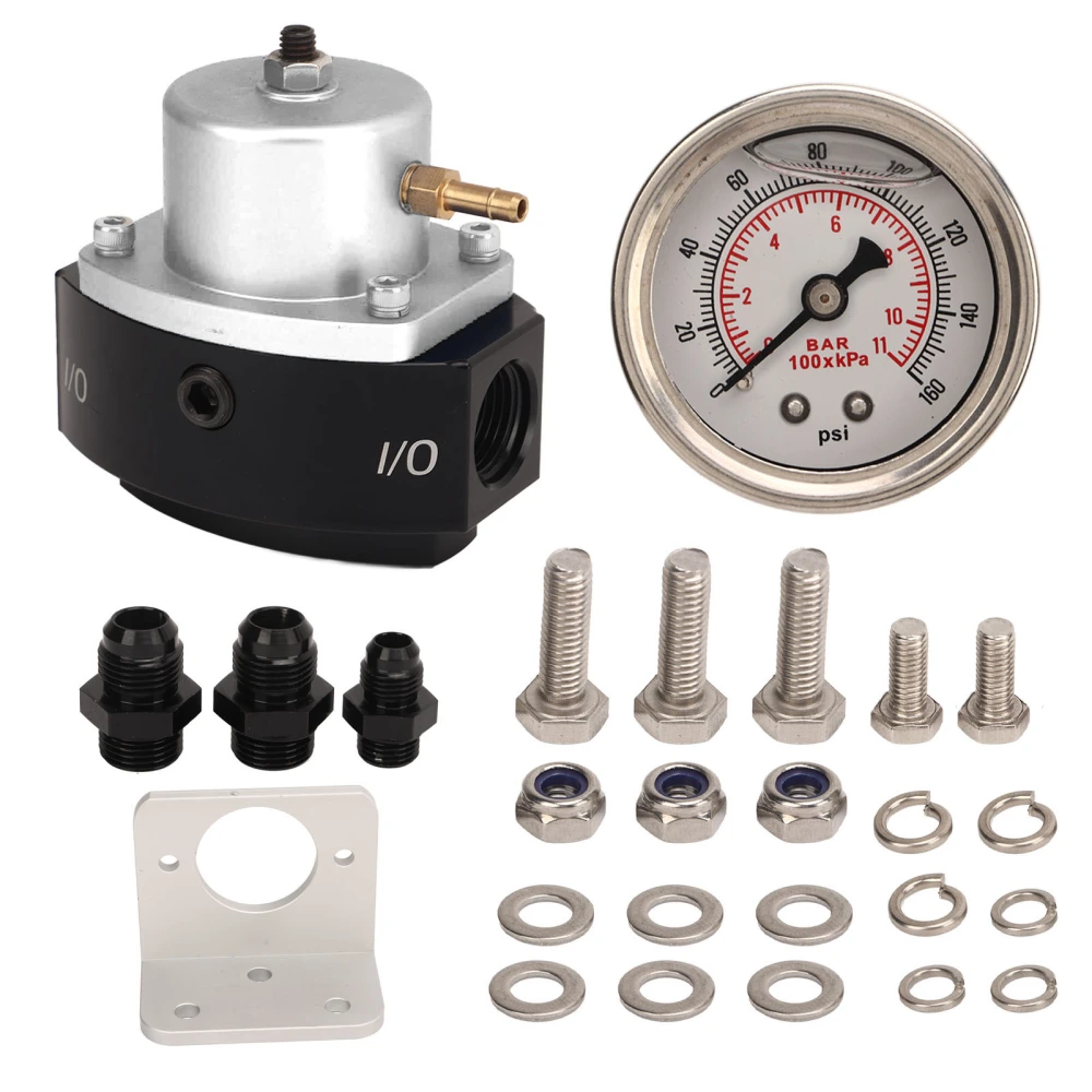 Fuel Pressure Regulator 15 to 65 Psi 1/8in NPT 8AN Inlet Outlet Black Anodized 12‑846 for Fuel System Silver