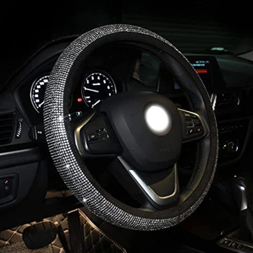 Car Steering Wheel Cover 15in Stylish Shiny Antislip Steering Wheel Protector for Most Cars White Diamond