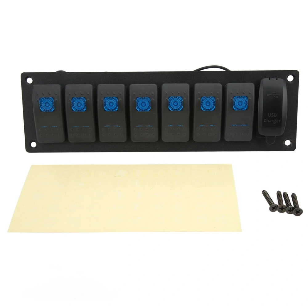 7 Gang Rocker Switch Panel IP66 Waterproof Marine Toggle Switch Panel With Dual USB Charger Blue Backlit