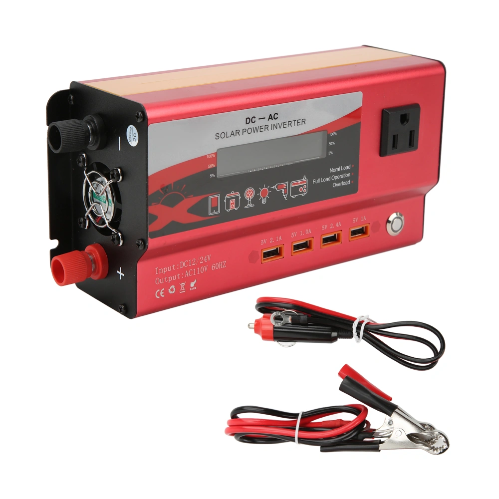 Car Inverter Rated 700W DC 12/24V to AC 60HZ LCD Display with Ambient Light 4 USB Port Socket Battery Clip