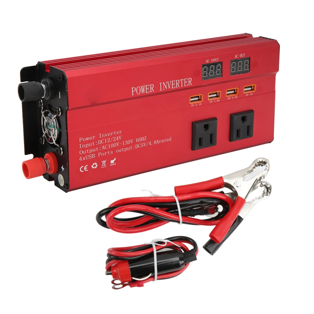 700W Car Power Inverter DC 12V/24V to AC Converter Modified Sine Wave Dual LED Display 3 Sockets 4 USB Ports