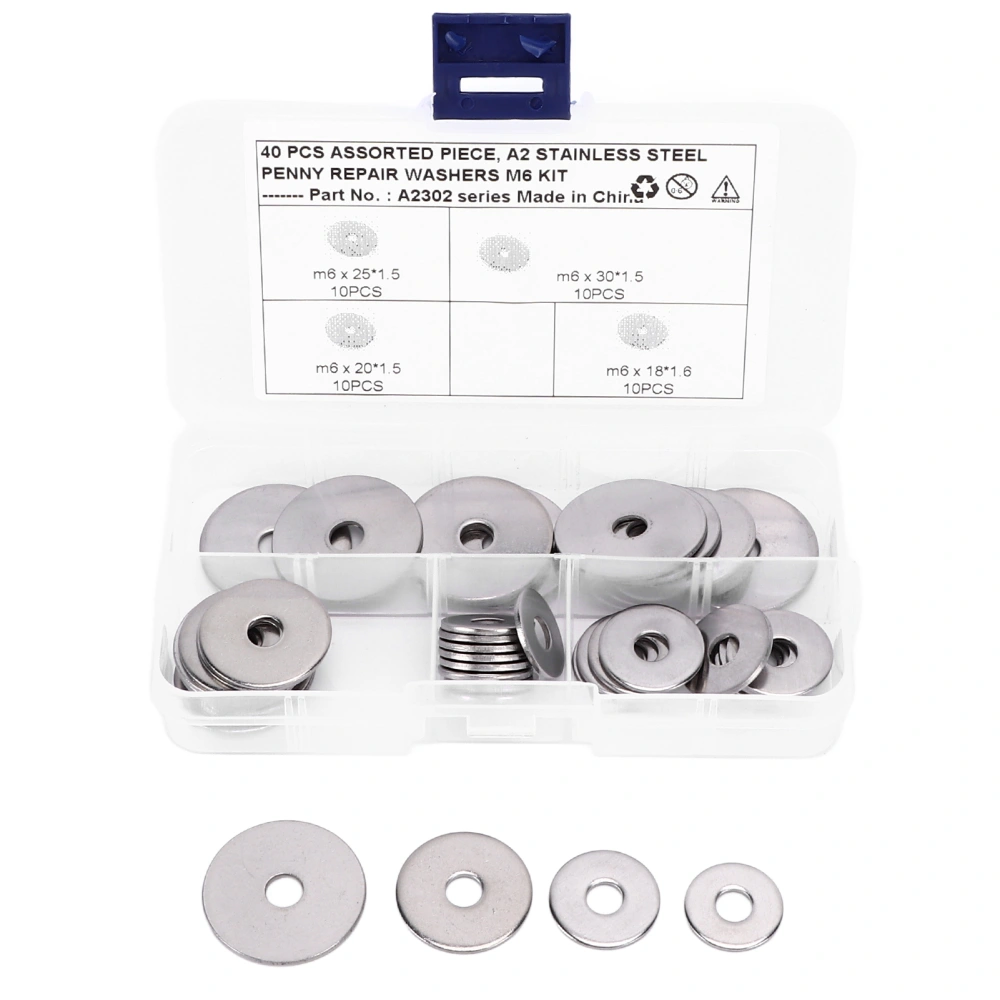 40pcs Mudguard Washer Assortment Kit 4 Sizes 304 Stainless Steel Universal M6 Mudguard Washers for Cars Marines