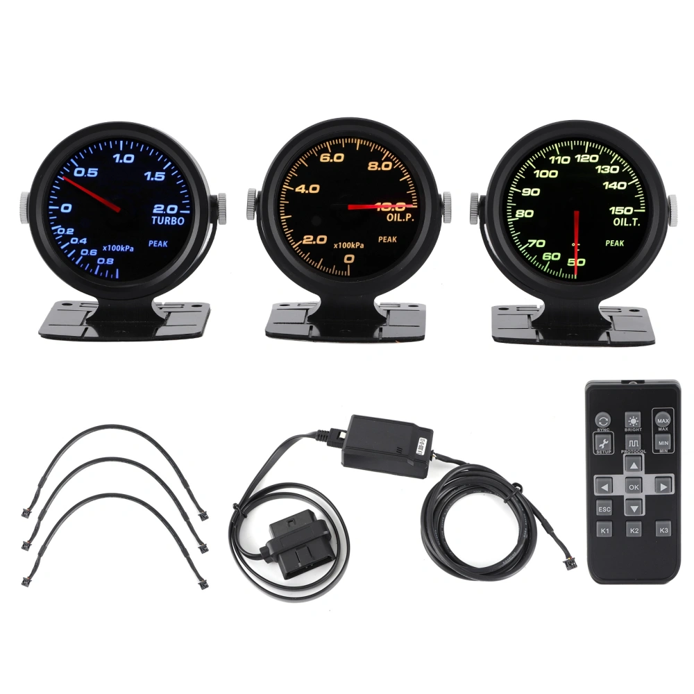 2.4in Touching 17 Colors OBD2 3 Gauges Combo Set Turbo Boost Oil Pressure Oil Temperature Gauge