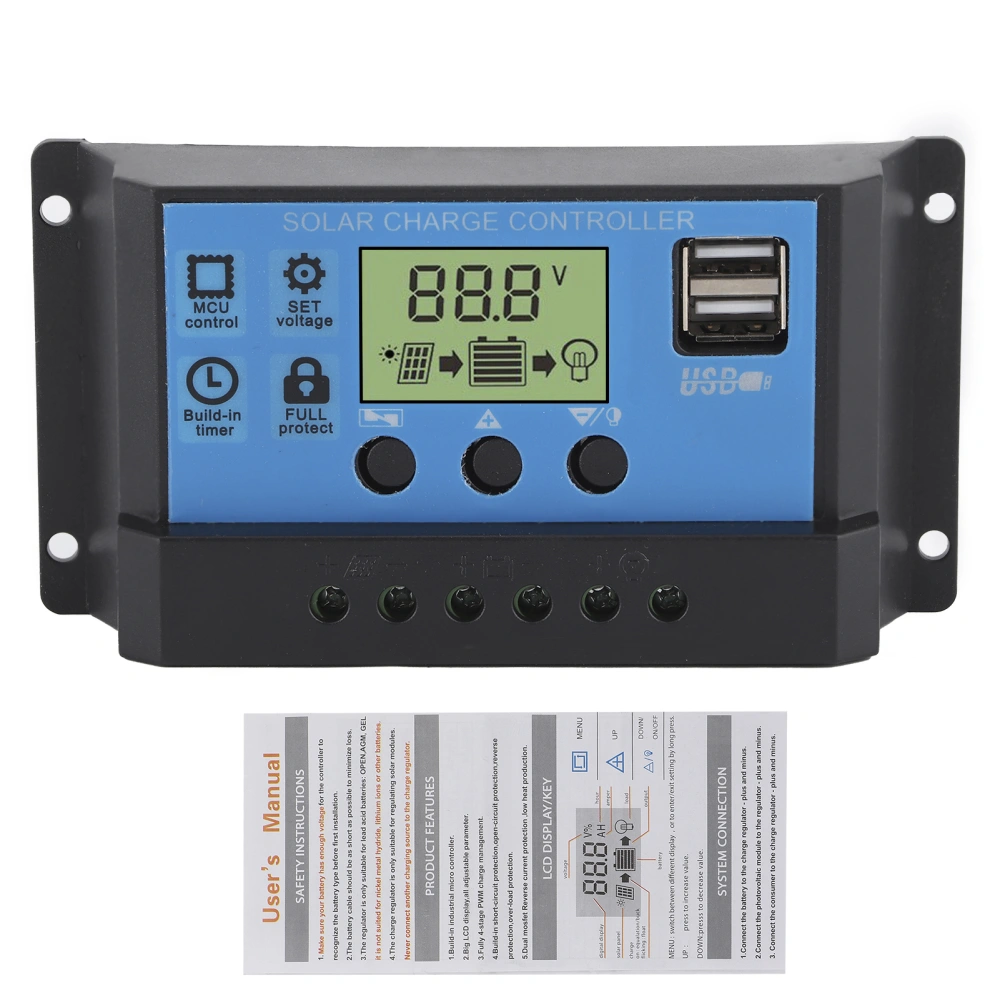 12V 24V Solar Charge Discharge Controller PWM LCD Display Dual USB Output Regulator for Home Industrial Car10A