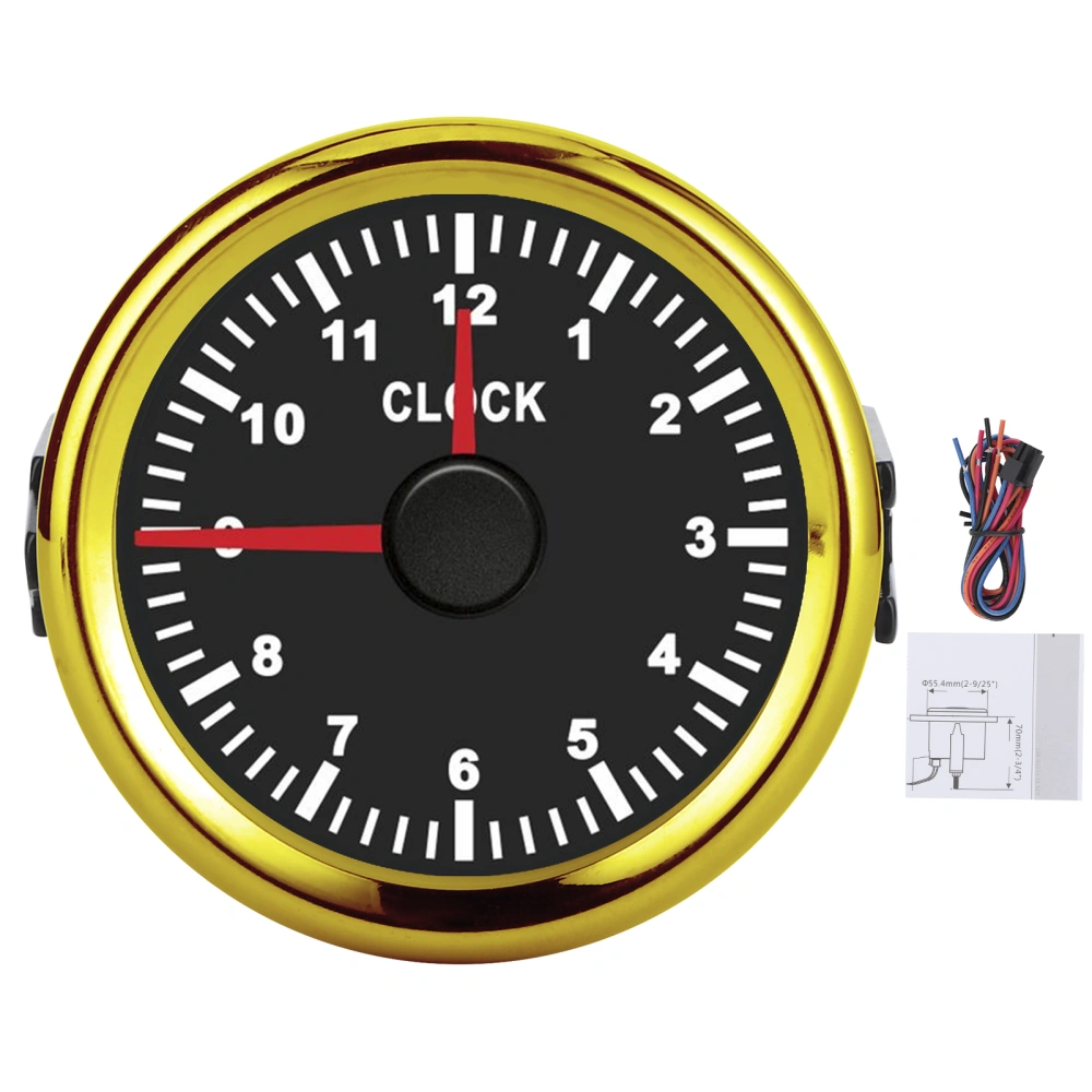 2in Universal Clock Gauge Instrument 0‑12 Hourmeter Red Backlight 12V/24V for Car Boat Yacht MotorcycleBlack Dial Gold Frame