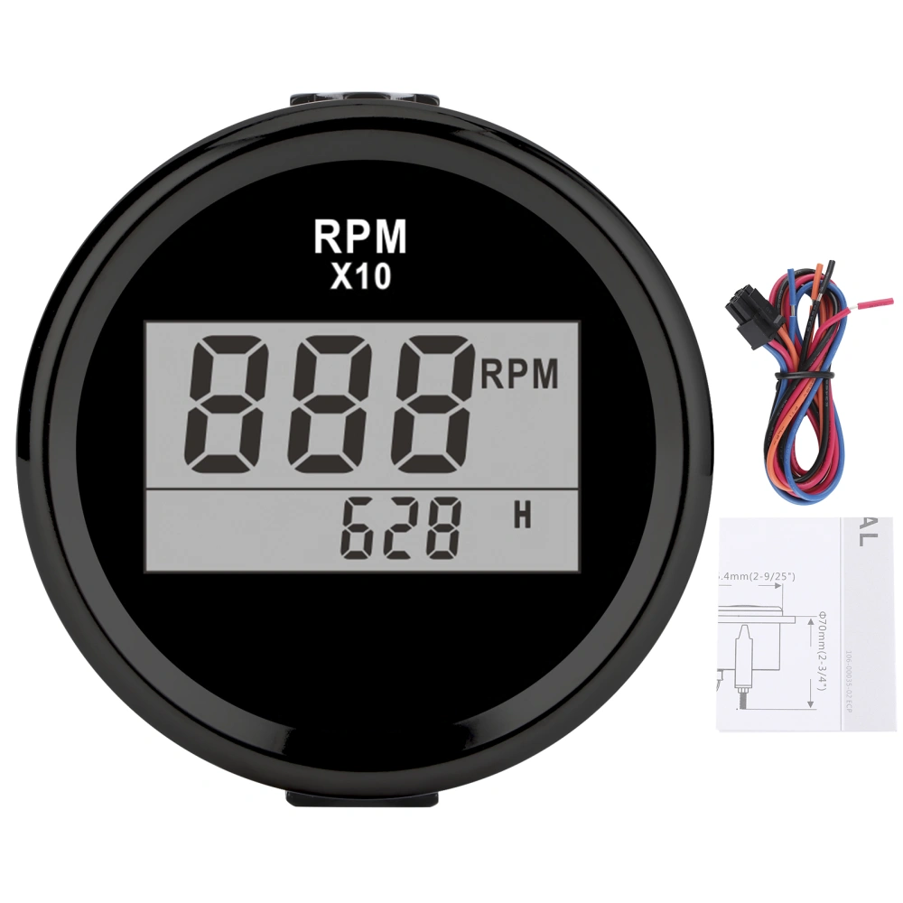 0‑9990RPM Tachometer Gauge IP67 Waterproof Red Backlight 52mm/2in LCD Display 9‑32VBlack Dial Black Cover