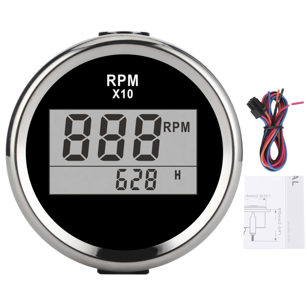 0‑9990RPM Tachometer Gauge IP67 Waterproof Red Backlight 52mm/2in LCD Display 9‑32VBlack Dial Silver Cover