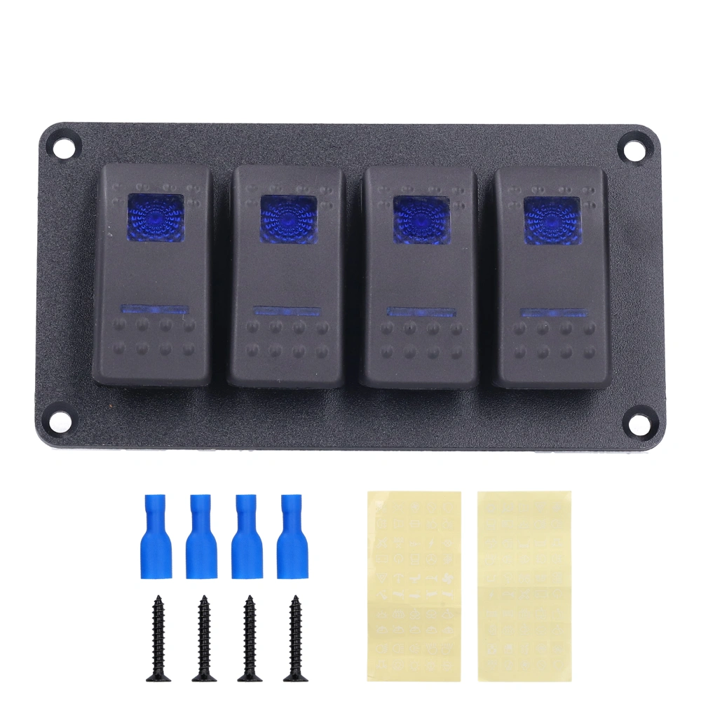 4 Gang Rocker Switch Panel LED Backlight 5‑Pin Overheat Protection for 12V/24V Vehicle Marine Yacht BoatBlue Light