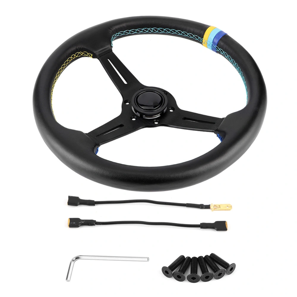 350mm/14in for GReddy Style 6-Bolt Half Dish Black Leather Racing Steering Wheel W/ Horn