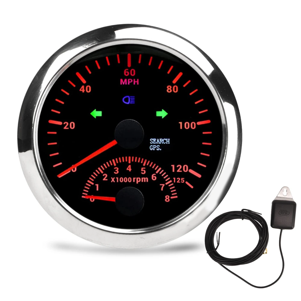 85mm GPS Speed Gauge 3 3/8in 0‑125MPH Waterproof DC9‑32V for Ship Yacht Motorcycle ATV Engineering Vehicle Black Dial