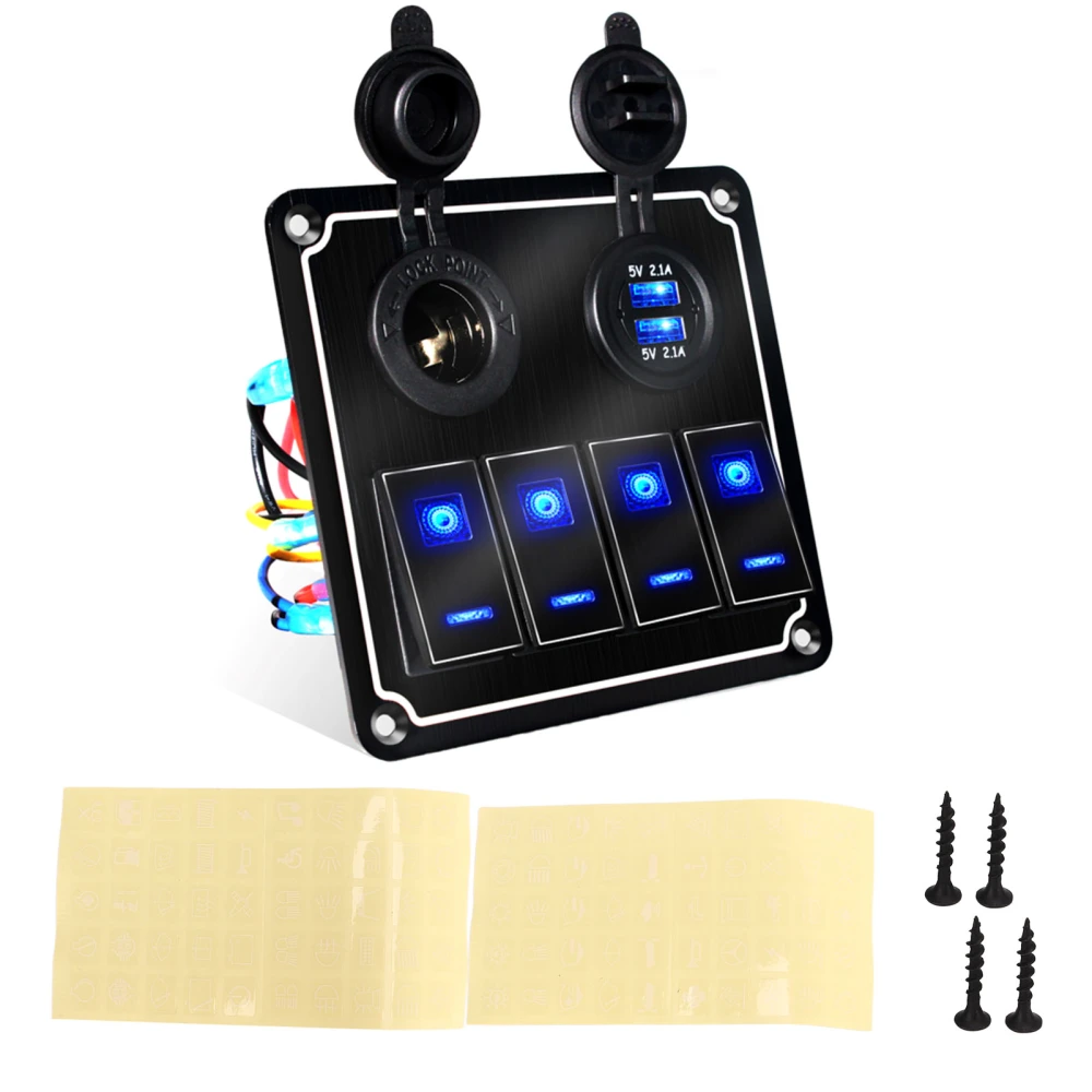 Rocker Switch Panel 4 Gang 12‑24V 5 Pin Blue Light Toggle On Off Switch Panel Overload Protection for Cars RV Trailer UTV