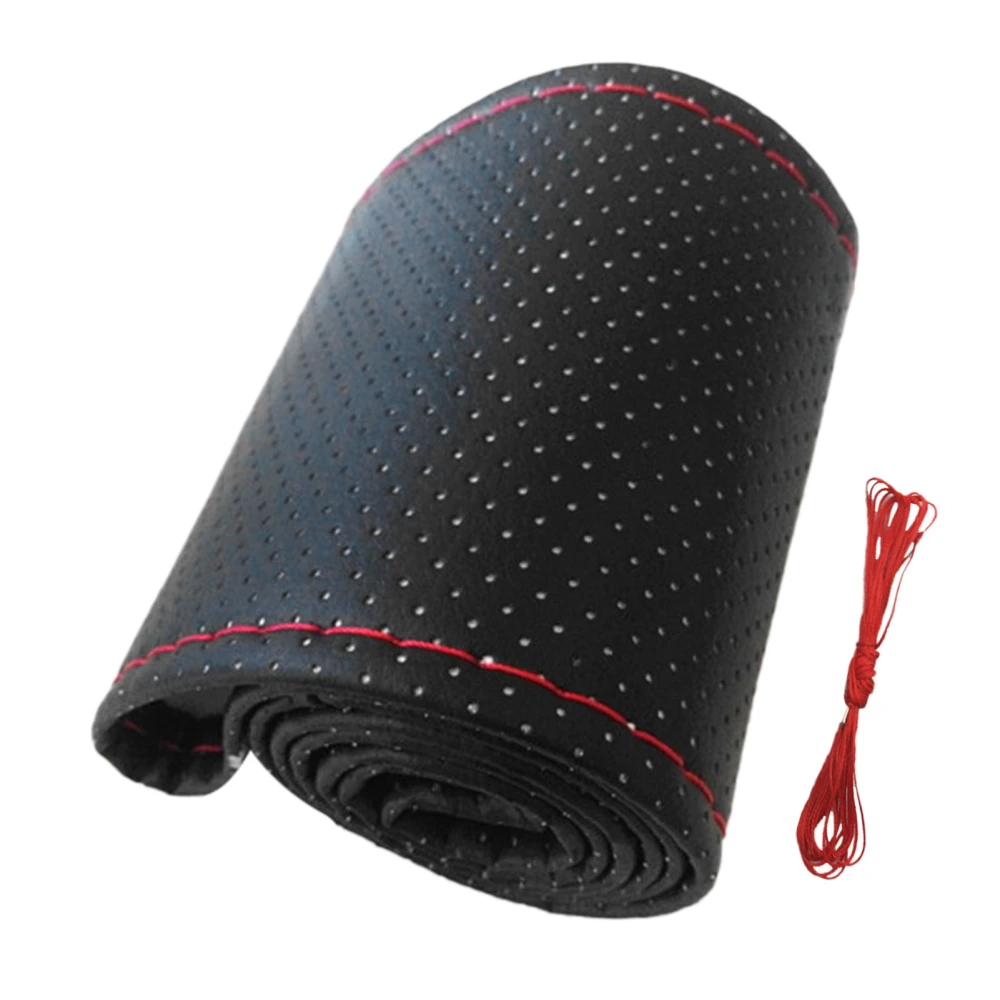 Universal Car Steering Wheel Cover Hand Sewing Perforated Microfiber Leather Steering Wheel Cover for 38cm Diameter Black Red