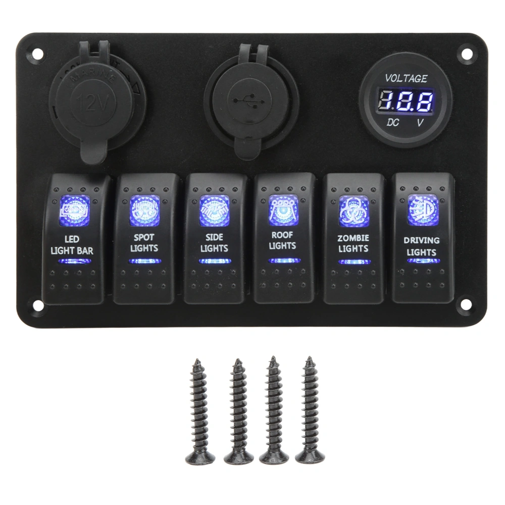 12V 24V 6 Gang Rocker Switch Panel with Voltmeter Dual USB Port Blue Backlight Waterproof for Marine Boat RV SUV Truck