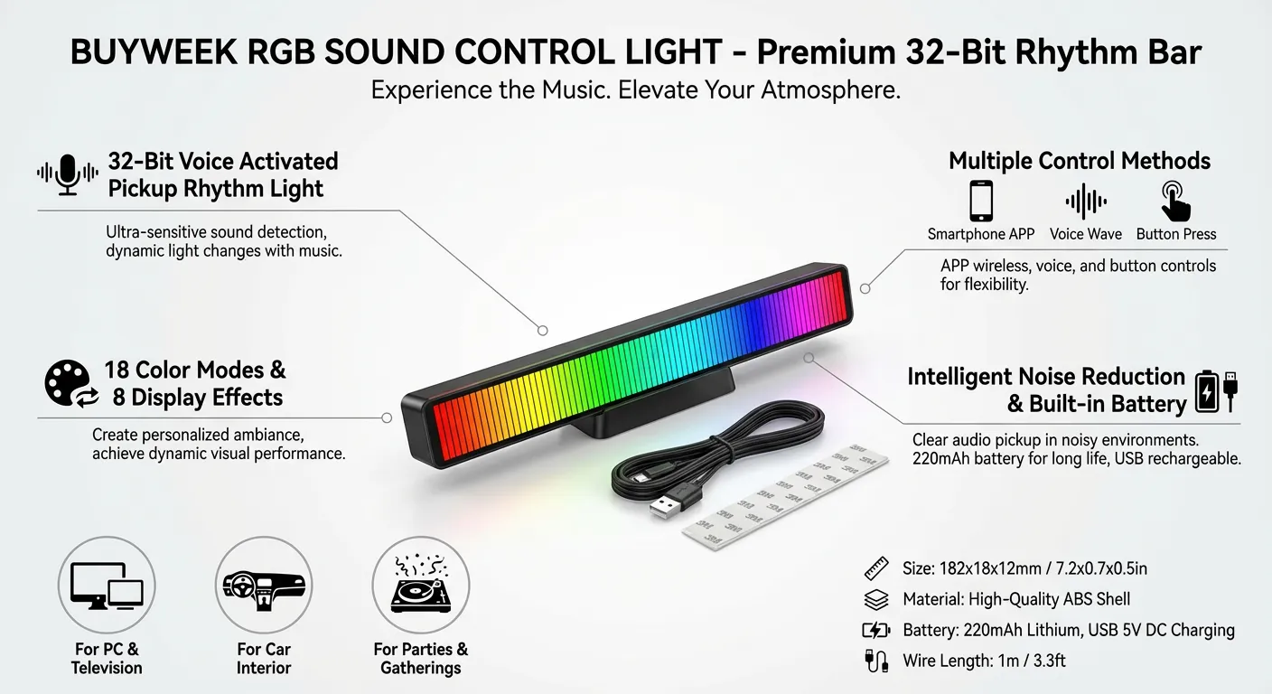 BuyWeek RGB Sound Control Light 32 Bit Voice Activated Pickup Rhythm Lights for PC Television Car