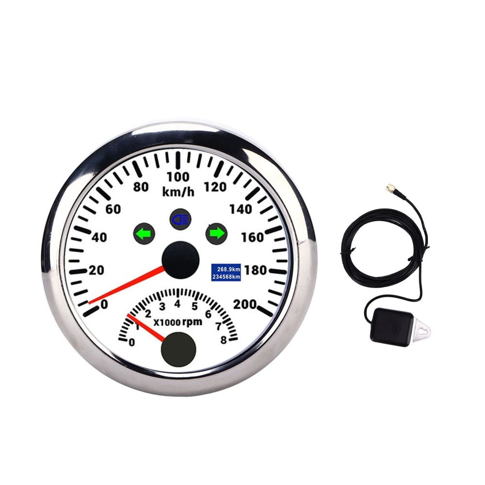 85mm 200km/h GPS Speedometer 0‑8000rpm Tachometer Gauge LCD Red Backlight Waterproof for 12V/24V Car Boat Yacht RV TruckWhite