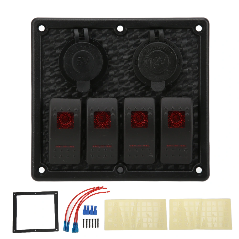 4 Gang Rocker Switch Panel LED Waterproof Dual USB Charging Port 12‑24V DC 4.8A for RVs YachtsRed