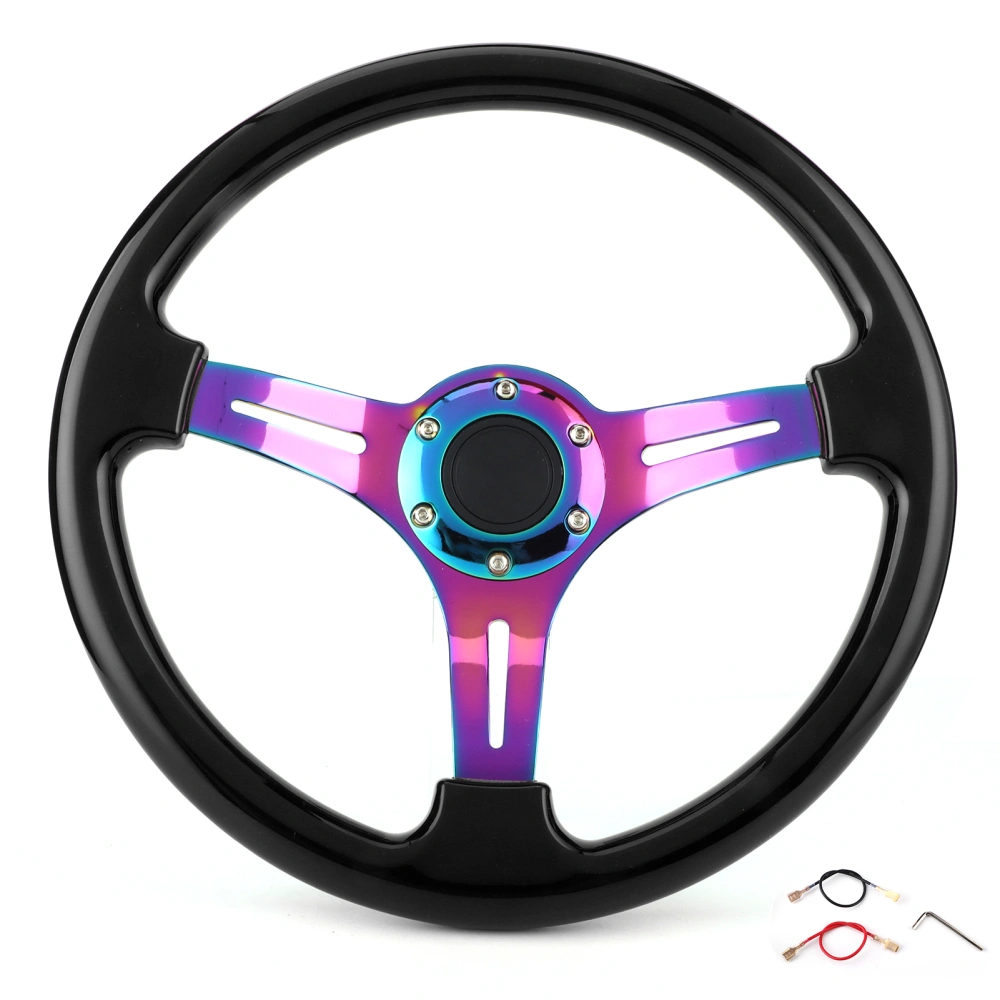 Racing Steering Wheel Replacement 350mm Dia Universal Deep Dish 6‑Hole Black W/Horn Wire