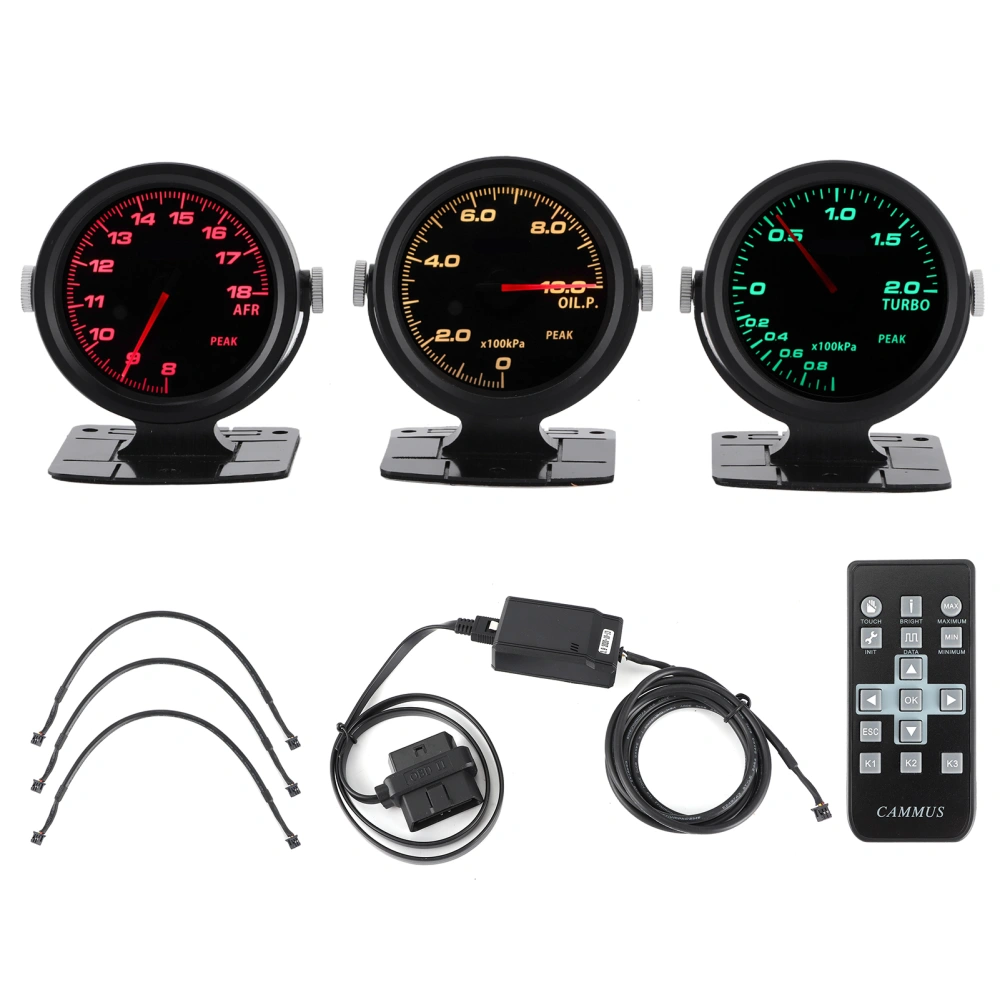 2.4in Touching 17 Color OBD2 3 Gauges Combo Set Turbo Boost Oil Pressure Gauge Air Fuel Ratio Gauge