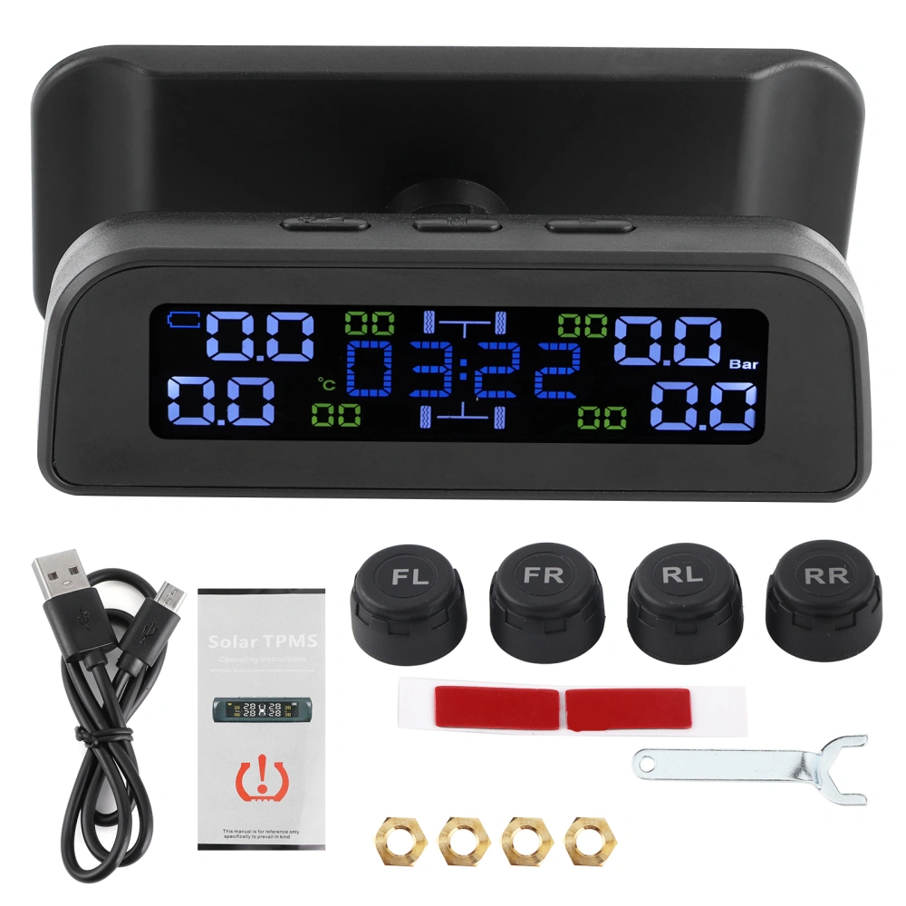 Solar Power Tire Pressure Monitoring System LCD Display Car TPMS with Externa Sensor Clock Designed