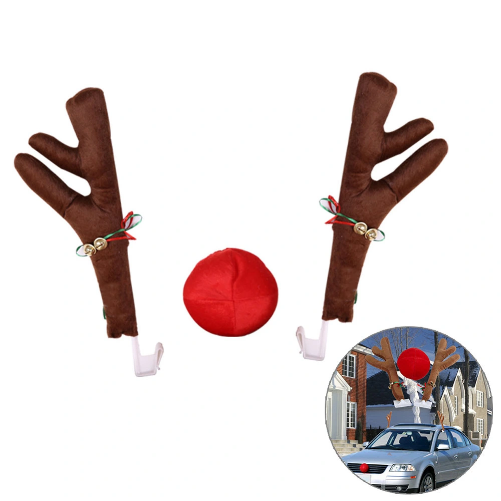 Auto Car Reindeer Antlers and Nose Set for Car Window Roof Top and Front Grille Reindeer Christmas Car Costume Auto Accessories