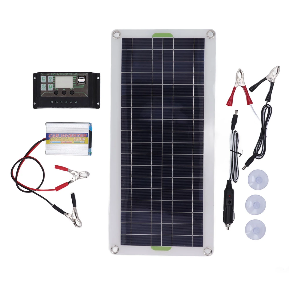 12V 30W Portable Solar Panel Kit with 220W Inverter Controller Polysilicon High Efficiency 2 USB Port for RV Boat Car