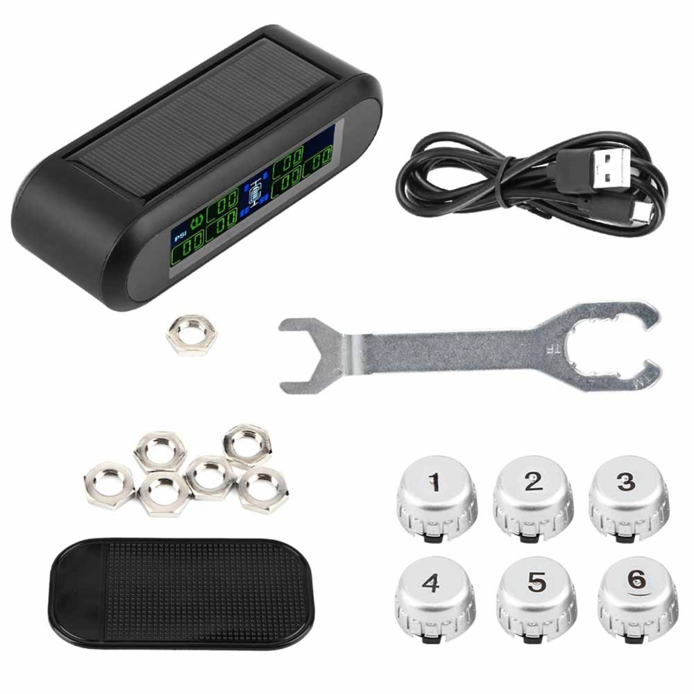 Wireless Solar TPMS Tire Pressure Monitoring System LCD Monitor Alarm with 6 External Sensors