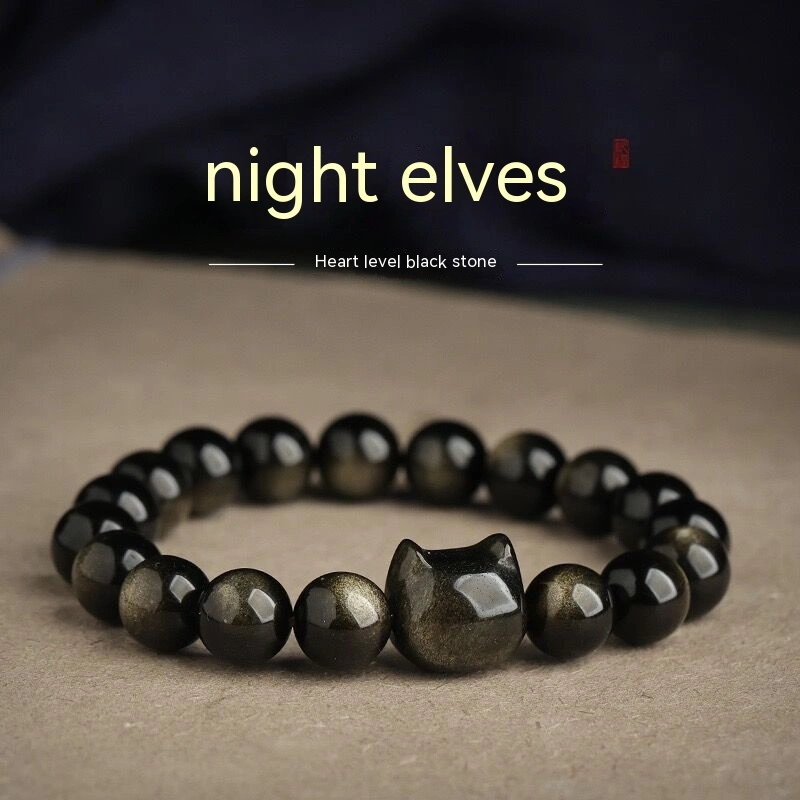 Obsidian Bracelet Girl Gold And Silver Cat Head