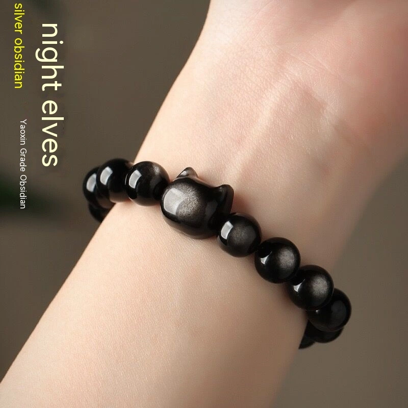 Obsidian Bracelet Girl Gold And Silver Cat Head