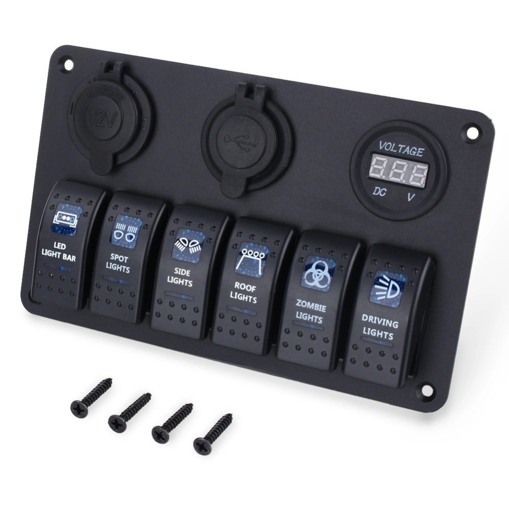 6 Way LED Car Boat Rocker Switch Panel USB Socket Cigarette Plug Voltmeter