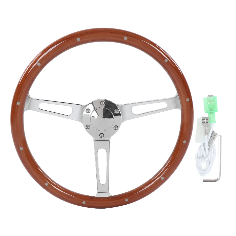 380mm 15in Classic Steering Wheel Assembly Walnut Grip 3 Spoke Riveted 6 Hole Universal Modification Brown