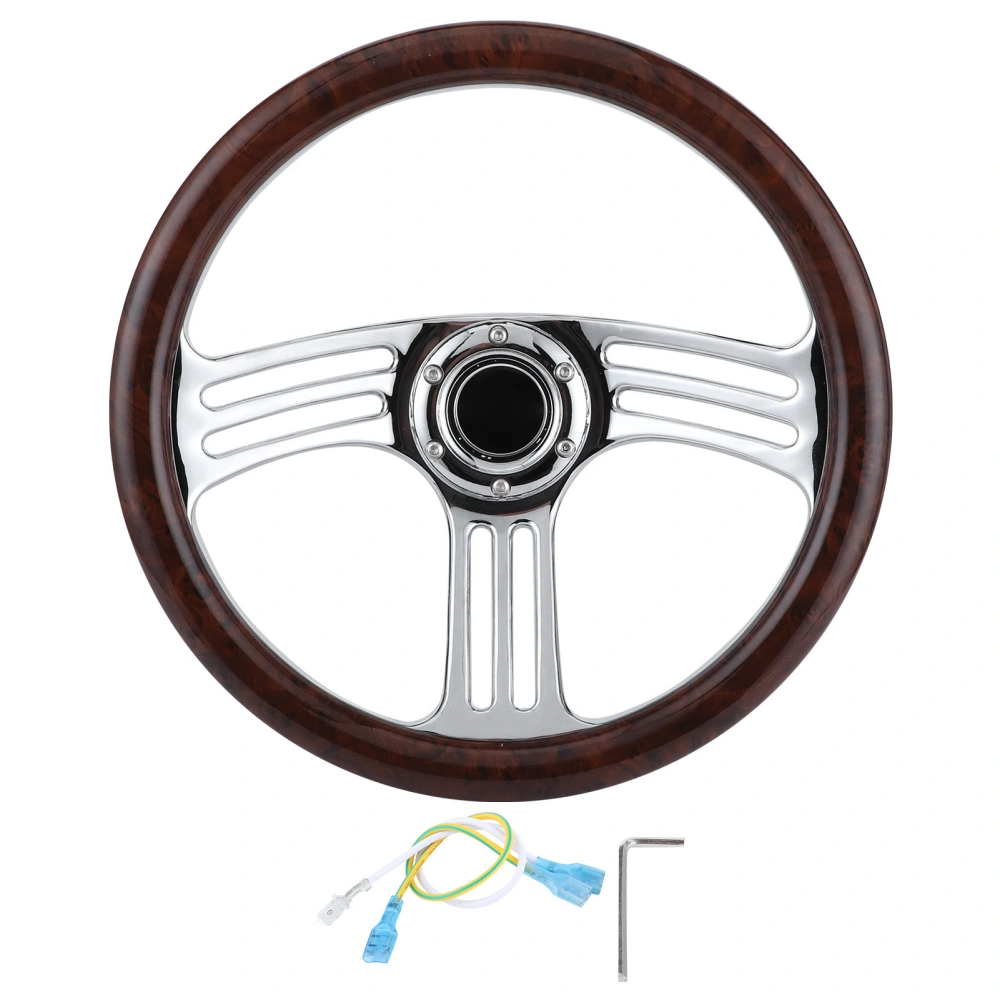 350mm/14in Dark Wood Grip 6‑Bolts Chrome 3‑Spoke Steering Wheel Vintage Style