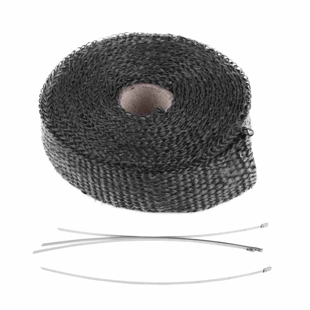 5m Car Insulation Tape Exhaust Heat Wrap with 4 Stainless Steel Cable Ties Black