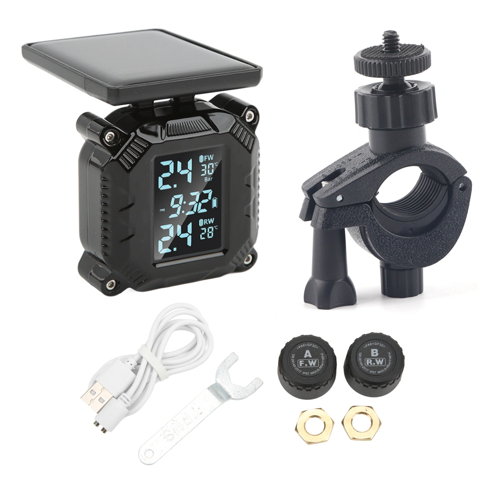 Wireless Motorcycle Tire Pressure Temperature Monitor System Solar Powered LCD Screen IP67 Waterproof