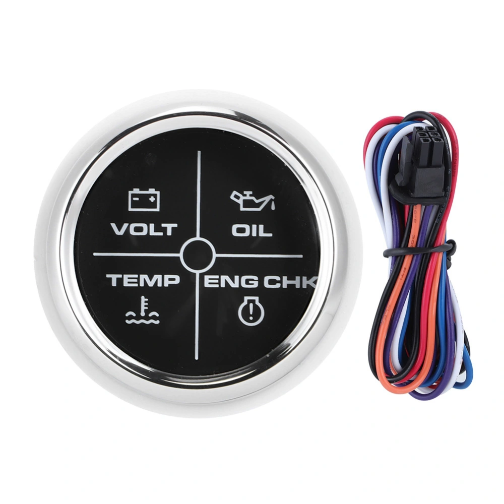 52mm/2in Multifunction 4LED Alarm Indicator Volt Water Temp Oil Pressure Alarm Gauge 12/24V for Marine BoatBlack Dial Silver Cover