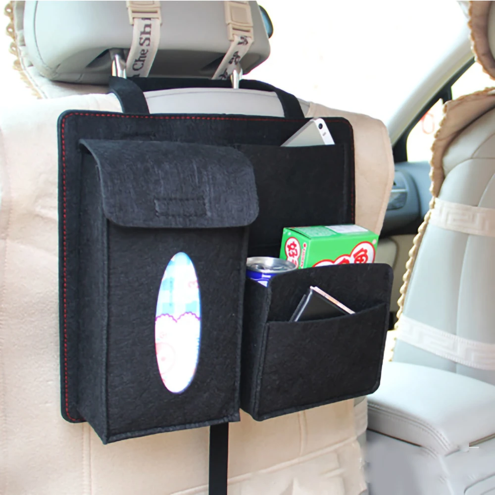 Car Rear Seat Hanging Bag Multifunction Storage Organizer Hook and Loop Fasteners Large Capacity Black