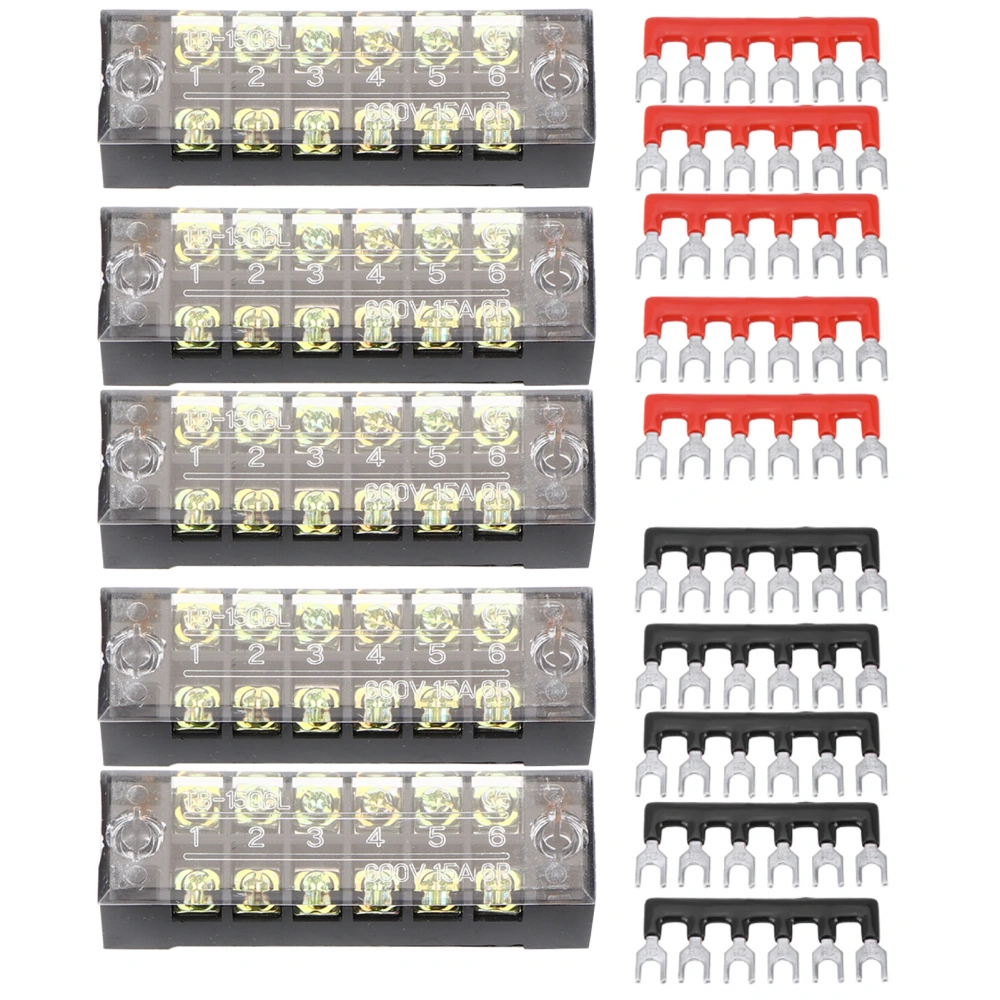 5pcs Dual Row 6 Positions 600V 15A Screw Terminal Block Preinsulated Terminal Barrier Strip