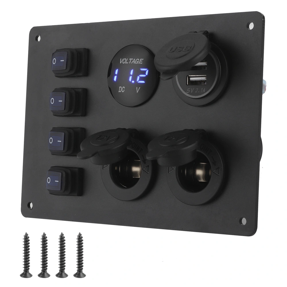 Waterproof 4 Gang Rocker Switch Panel Dual USB Port Voltage Display 12V Socket for Car Boat RVs