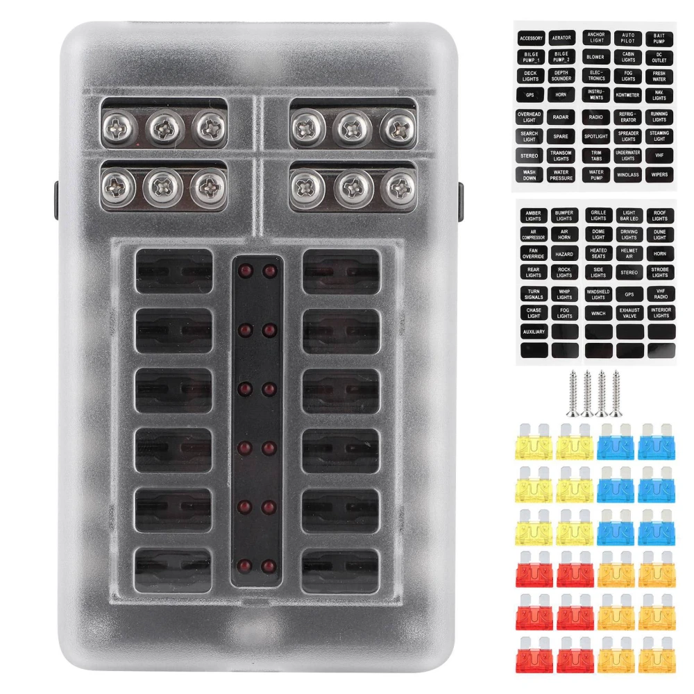 12 Circuits Fuse Box Block Holder LED Indicator Light MNI Motor for Car Yacht Marine Boat