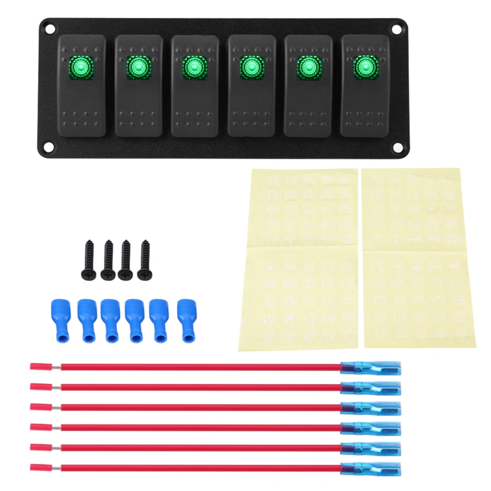 12-24V 6 Gang Rocker Switch Panel for Car RV Boat Yacht Marine Green LED