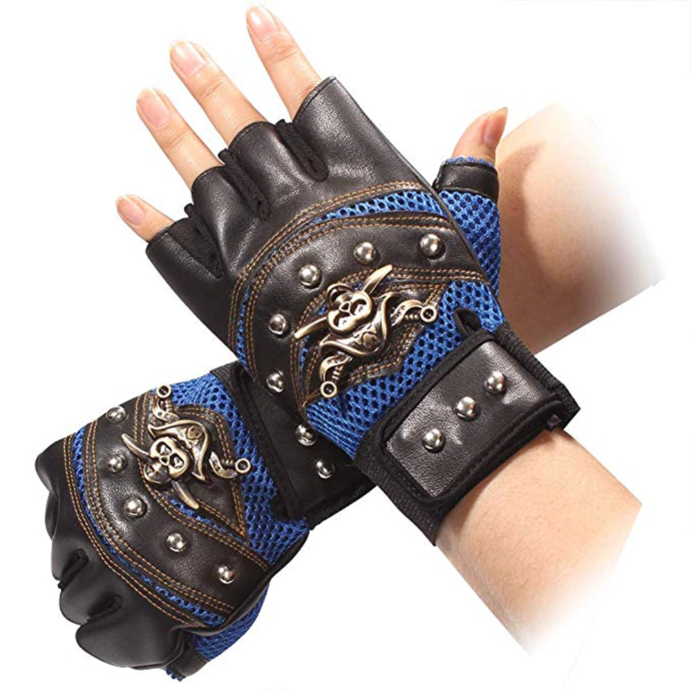 BuyWeek 1 Pair Artificial Leather Rivets Pirate Skeleton Gloves Punk Half Finger Gloves Men's Gloves for Motorcycle Riding Outdoor Sports