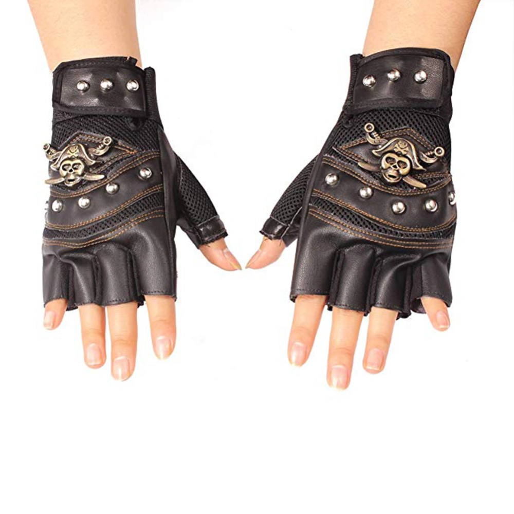 1 Pair Artificial Leather Rivets Pirate Skeleton Gloves Punk Half Finger Gloves Men's Gloves for Motorcycle Riding Outdoor Sports