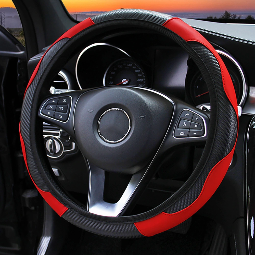 38CM Steering Wheel Cover Carbon Fiber Style Elastic Handle Sleeve Non Slip Steering Wheel Cover for Car Black Red