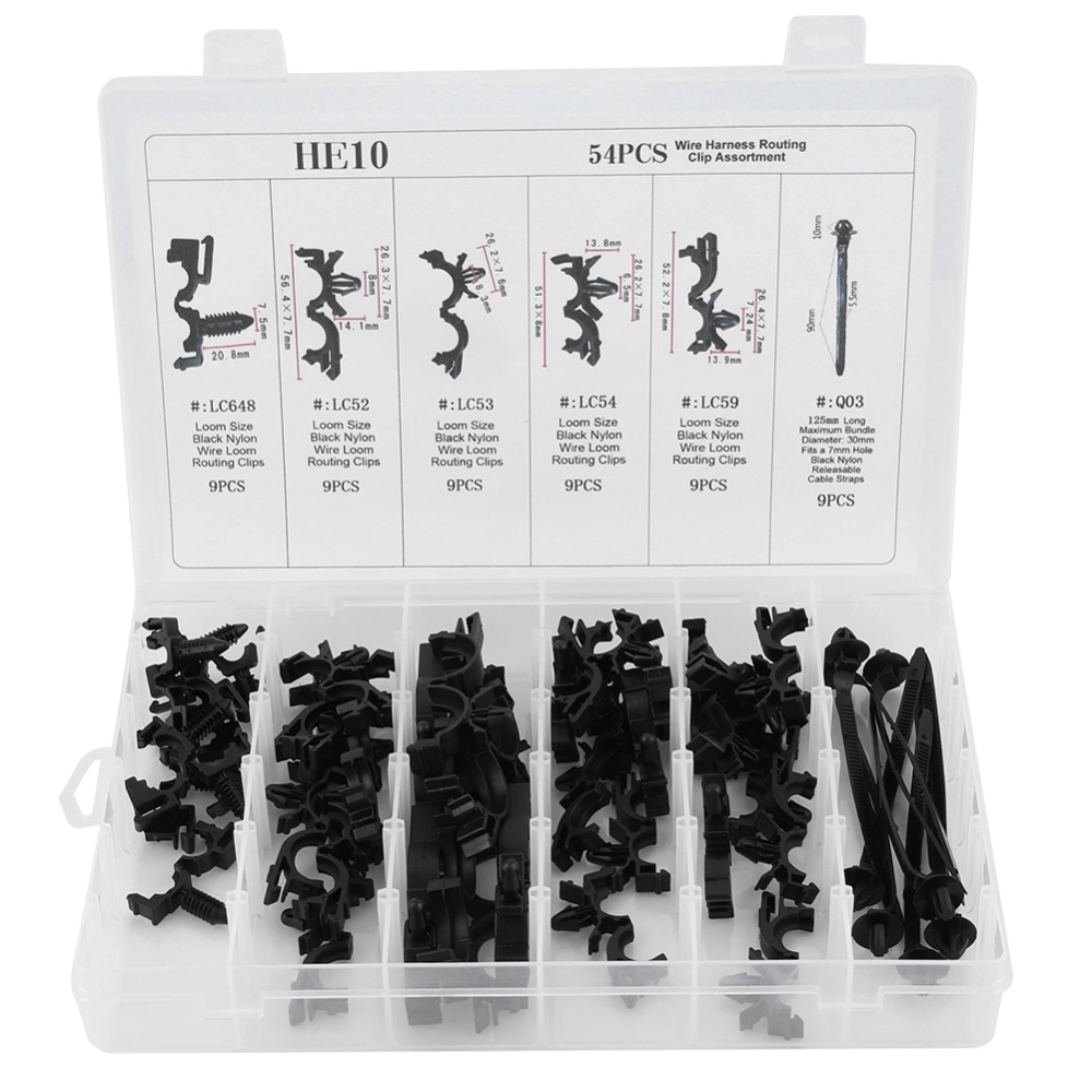 54pcs Assorted Car Body Wiring Harness Fastener Wire Routing Clip Convoluted Conduit Clip