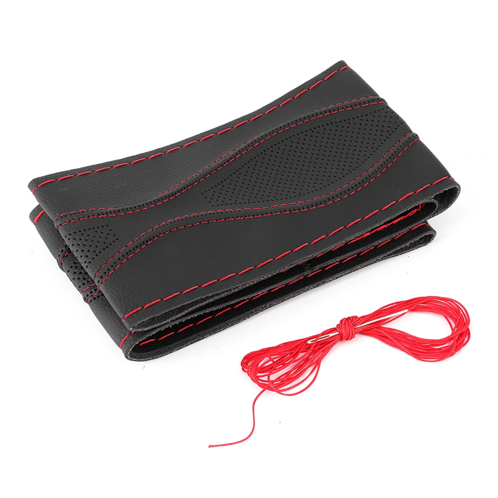 BuyWeek 38cm/15in Leather Steering Wheel Wrap Cover Hand Stitching Embossing with Needle and Thread UniversalBlack Red